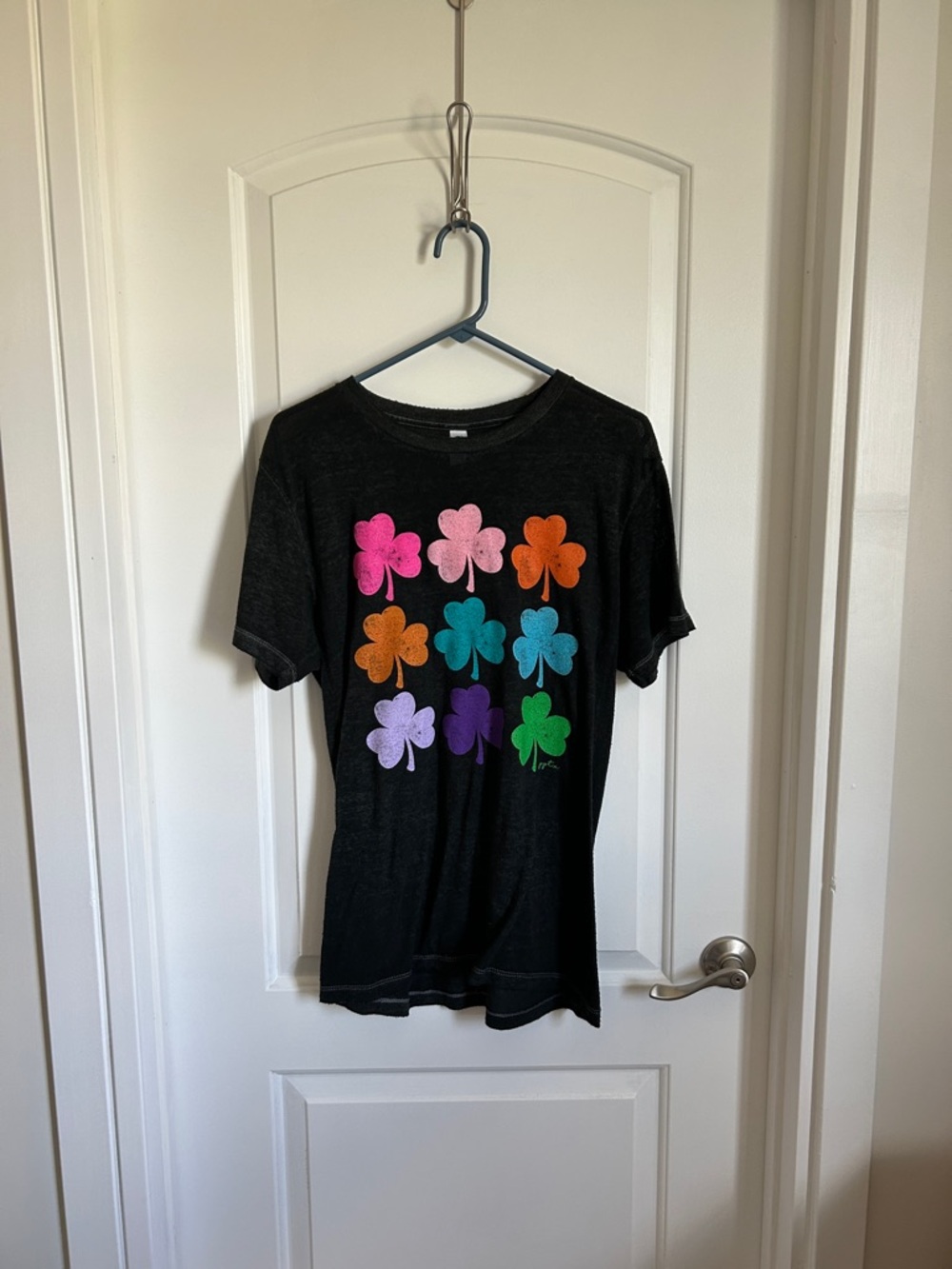 Black Short-Sleeve Tee with Rainbow Shamrock Motif